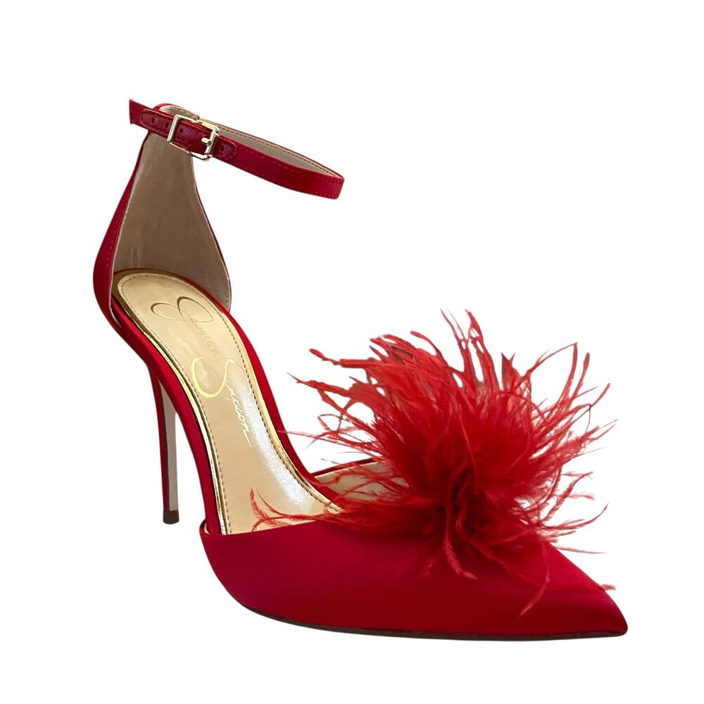 Jessica Simpson Wolistie Ankle Strap Dress Pumps Red Feather Pom Pom Size 6 NEW